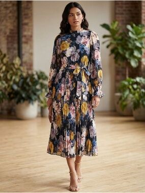 Versona Black Floral Pleated Long Sleeve Midi Dress with Yellow & Blue Blooms